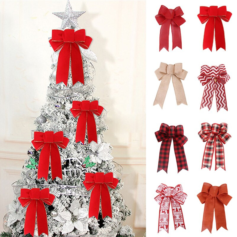 Pom de Crăciun mare roșu lenjerie carouri bowknot handmade cutie cadou ambalaj decorative mari funde pentru petrecere de Anul Nou Decor de nuntă