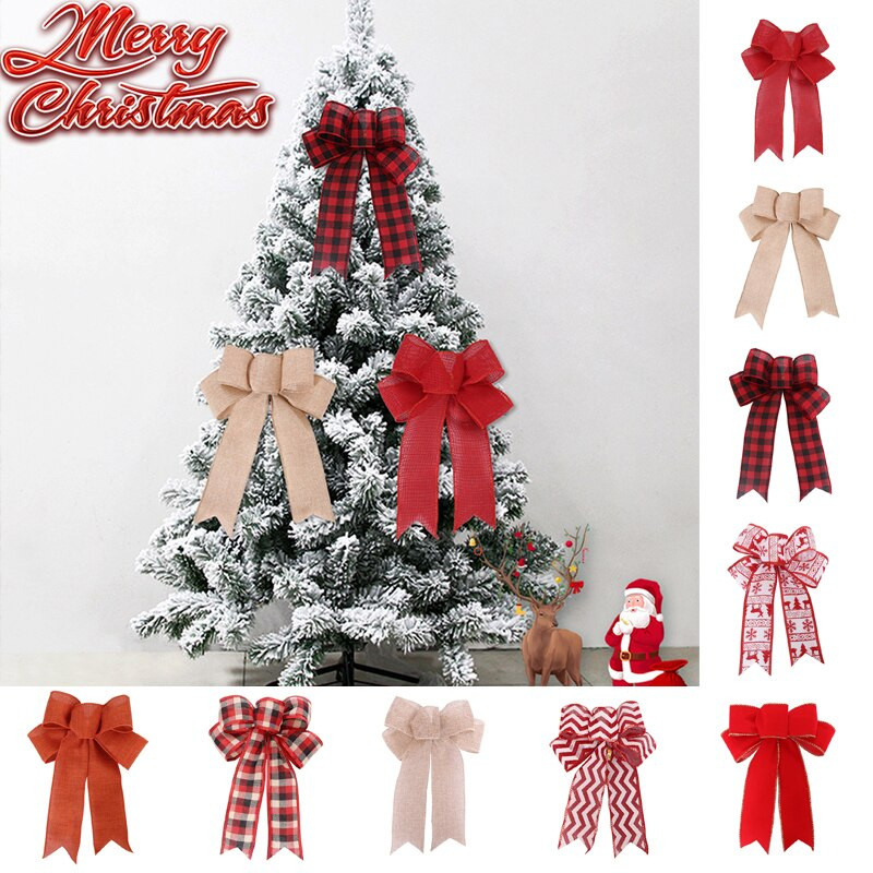 Pom de Crăciun mare roșu lenjerie carouri bowknot handmade cutie cadou ambalaj decorative mari funde pentru petrecere de Anul Nou Decor de nuntă