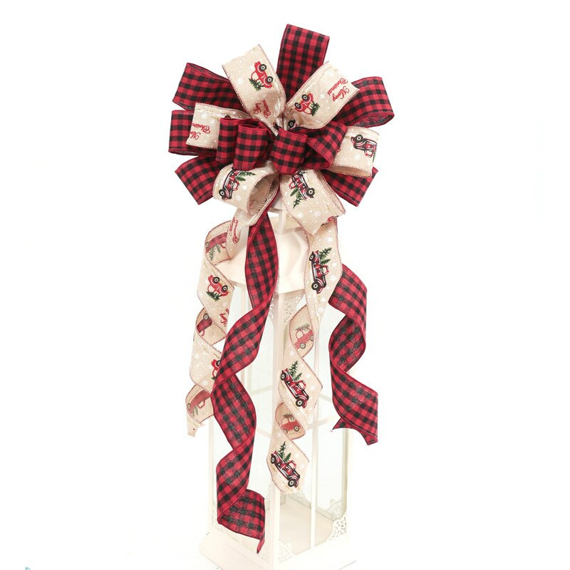 2022. Velike ukrasne mašne na vrhu božićnog drvca Ručno izrađene lanene karirane mašne s dugim repom Božićni ukrasi za dom