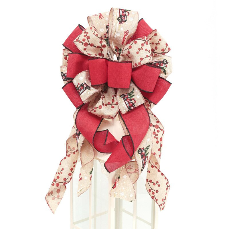 2022. Velike ukrasne mašne na vrhu božićnog drvca Ručno izrađene lanene karirane mašne s dugim repom Božićni ukrasi za dom