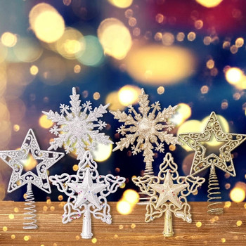 Върхът на коледната елха Блестяща златисто-сребърна звезда Коледно дърво Орнаменти от снежинки Коледна украса за дома 2022 г. Рождена Нова година 2023 г.