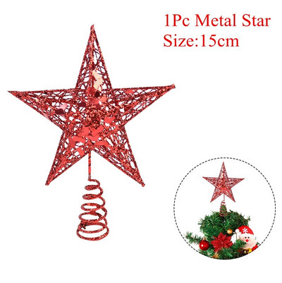 1 бр. Блестяща метална звезда Ornamnet за коледно дърво Topper Star Decoratons Коледно парти Злато Сребро Червени звезди Декор