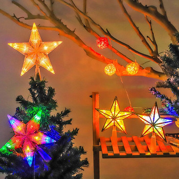 Звезди Коледна елха Горни светлини Захранвана от батерии LED нощна лампа Пентаграма Коледно дърво Орнамент Новогодишна украса за домашно парти