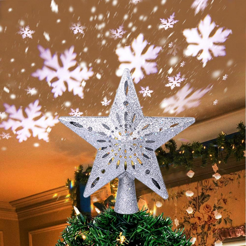 OurWarm 3D Glitter Star LED Topper pentru brad de Crăciun Proiector alb cu fulgi de zăpadă Ornament pentru brad de Crăciun cu laser pentru petrecerea de Anul Nou dec
