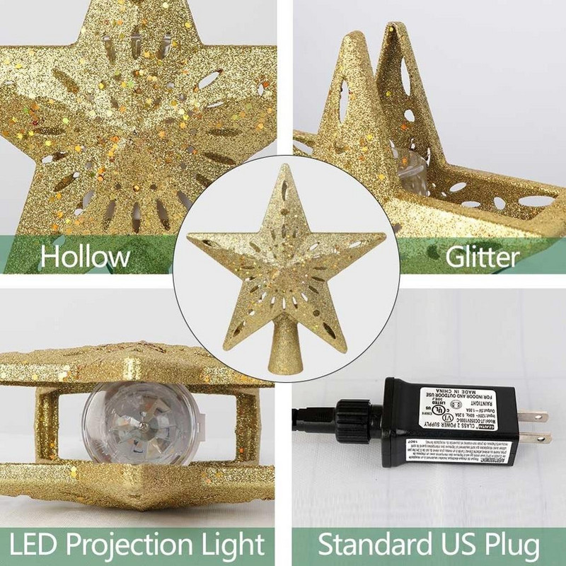 OurWarm 3D Glitter Star LED Topper pentru brad de Crăciun Proiector alb cu fulgi de zăpadă Ornament pentru brad de Crăciun cu laser pentru petrecerea de Anul Nou dec