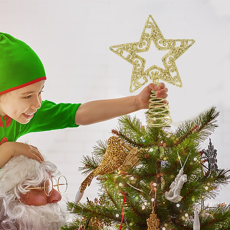 Zlatno srebrno svjetlucavo božićno drvce na vrhu zvijezde Božićni ukrasi za dom Božićno drvce na vrhovima pahuljica Umjetnički ukrasi Nova godina 2023.