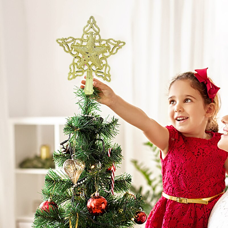 Zlatno srebrno svjetlucavo božićno drvce na vrhu zvijezde Božićni ukrasi za dom Božićno drvce na vrhovima pahuljica Umjetnički ukrasi Nova godina 2023.