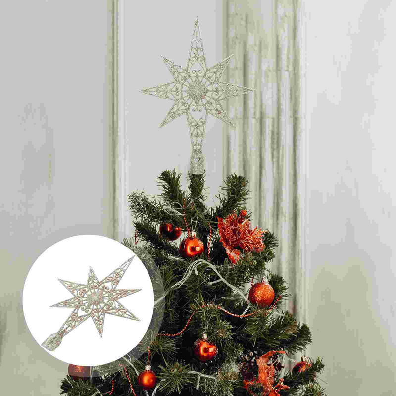 Tree Star Christmas Topperdecoration Treetop Decor Ornament Home Vintage Glitterpentagram Point Srebrna blagdanska Diy Svjetlucava