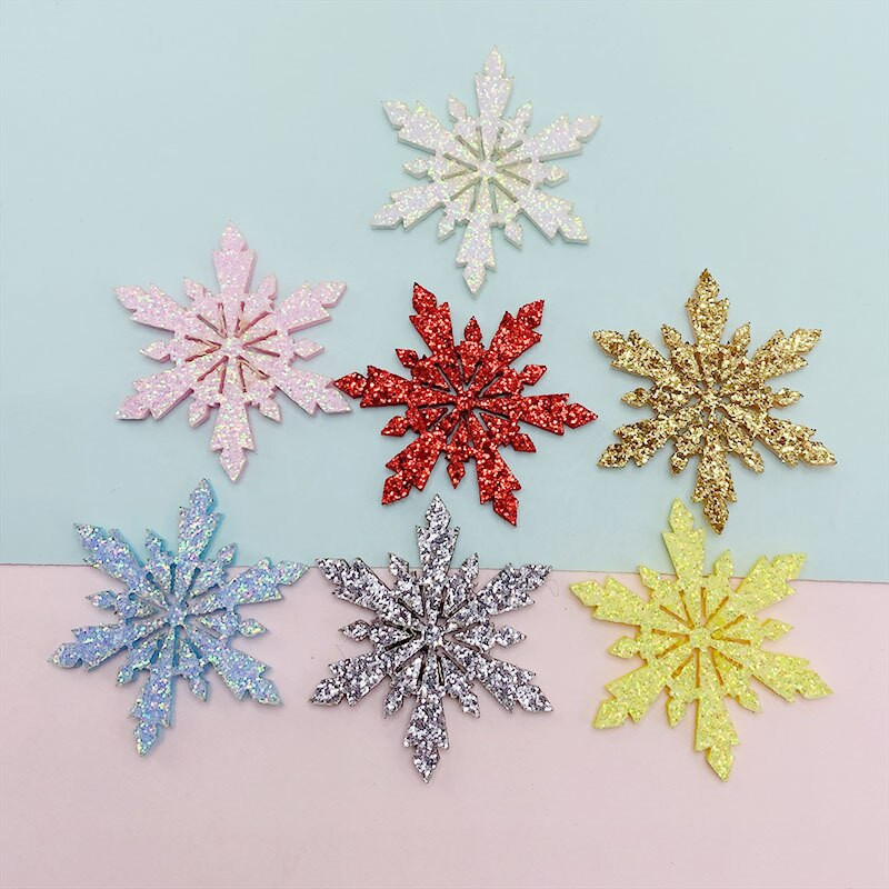 10 τμχ 4,5 εκ. Γυαλιστερές απλικέ σε σχήμα νιφάδας χιονιού λάμψη για χριστουγεννιάτικο ντεκόρ με κλιπ κεφαλής DIY