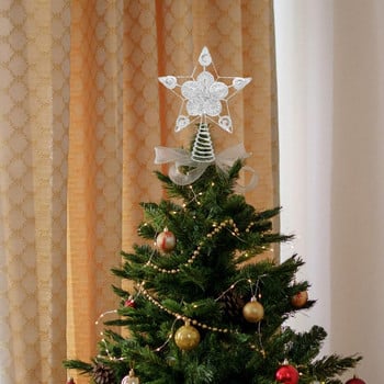 Коледно дърво Topper Метален блестящ 3D Star Tree Topper Издълбан пентаграм за вътрешен офис Орнаменти за коледно дърво Нова година