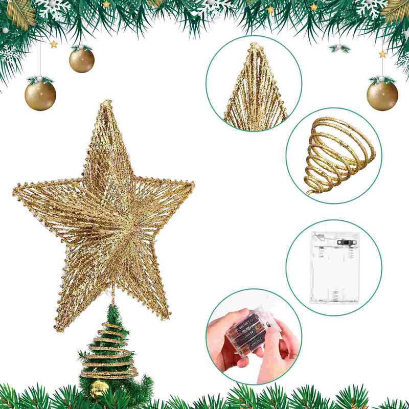 Tree Star Topper Christmas Light Toppersxmas Stele cu LED-uri Decoratiuni aurii luminate Decoratiuni vintage cu sclipici Lumini metalice Varf copac