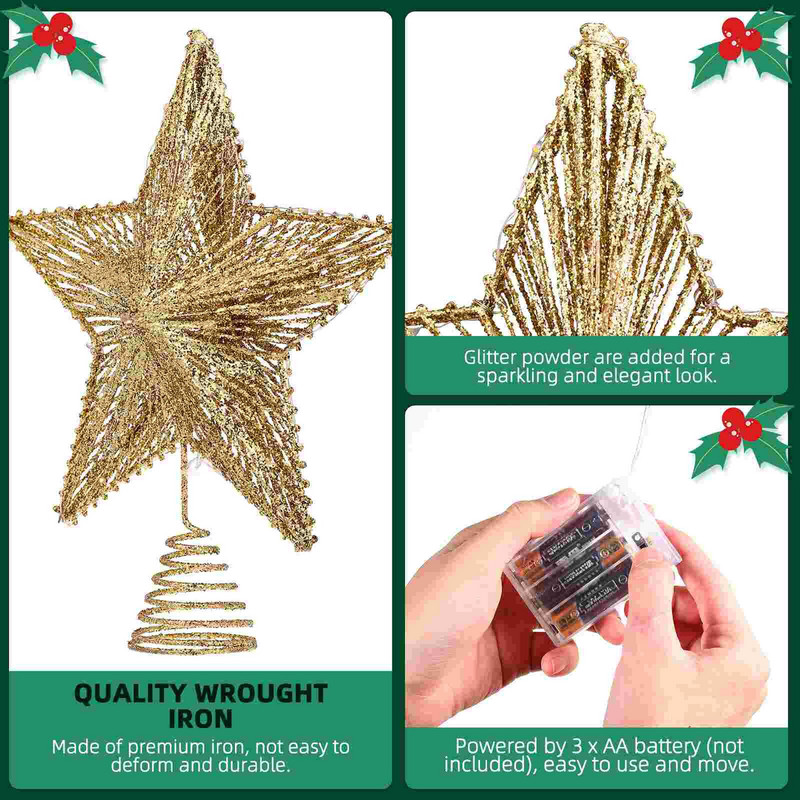Tree Star Topper Christmas Light Toppersxmas Stele cu LED-uri Decoratiuni aurii luminate Decoratiuni vintage cu sclipici Lumini metalice Varf copac