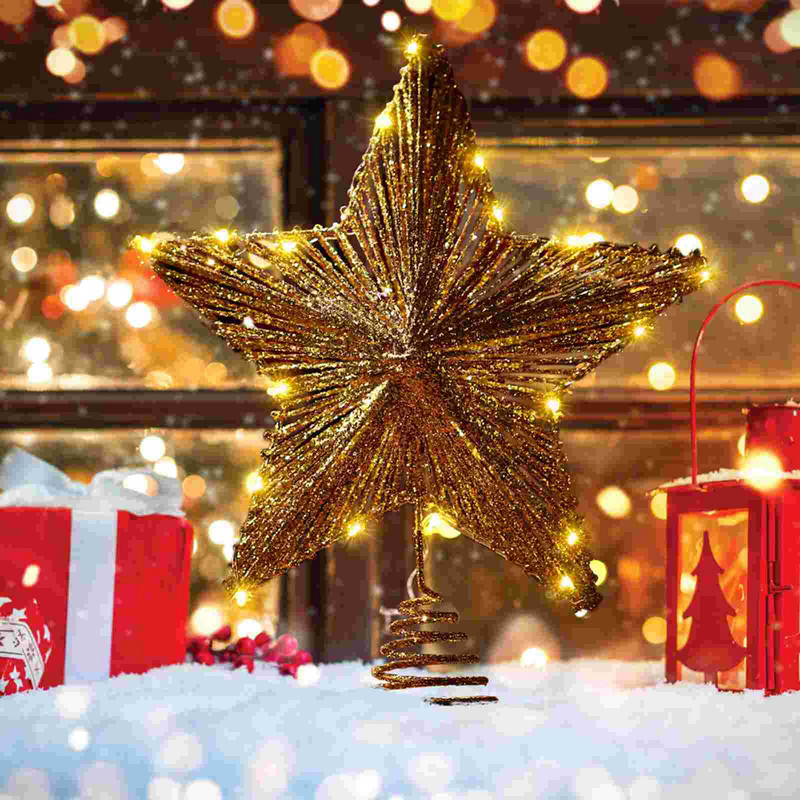 Tree Star Topper Christmas Light Toppersxmas Stele cu LED-uri Decoratiuni aurii luminate Decoratiuni vintage cu sclipici Lumini metalice Varf copac