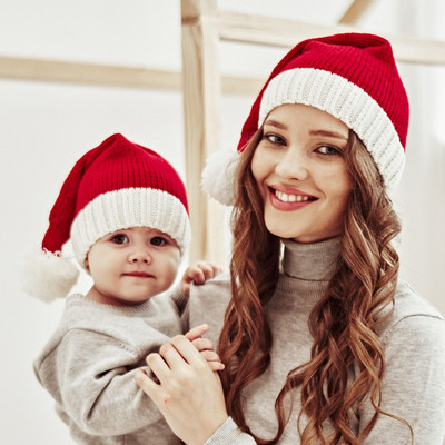 Πλεκτό χριστουγεννιάτικο καπέλο 2022 Χαριτωμένο πομπόν για ενήλικες για ενήλικες Μαλακό καπέλο Santa για παιδικό πάρτι πρωτοχρονιάτικο δώρο Navidad Natal Noel
