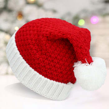 Коледна шапка Плетена бяла помпон Ръчно изработени аксесоари за обличане с фланцове Вълнена прежда Жени Мъже Шапка на Дядо Коледа за на открито