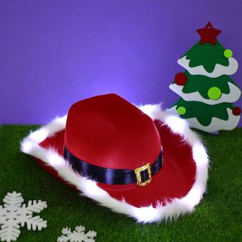 Καπέλο Άγιου Βασίλη Κόκκινο αφράτο καπέλο Άγιου Βασίλη Χριστουγεννιάτικο φτερό μαύρη ζώνη καουμπόισσας Καπέλο τσόχα Αϊ-Βασίλη Χριστουγεννιάτικο ντεκόρ για πάρτι για το νέο έτος