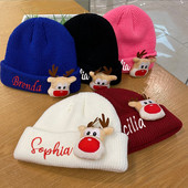 Коледна шапка с персонализирано име 3D карикатура Шапка за плетене на лосове Персонализирано бродирано име Топла вълнена шапка Детски коледен подарък Шапка