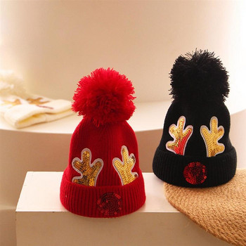 Χριστουγεννιάτικα παιδικά πλεκτά καπέλο με παγιέτες κέρατα χειμωνιάτικο καπέλο Παιδικά γούνα πομ καπέλα Beanie καπέλο Παιδικά καπέλα πλεκτό καπέλο μωρού