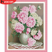 HUACAN Kompleti cvjetova božura za vezenje Set križića Ručni rad Bijelo platno DIY Ukras za dom 14CT 40x50cm