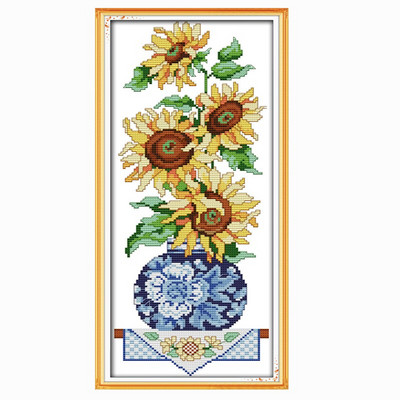 Κιτ σταυροβελονιάς με λουλούδια Joy Sunday Sunflowers Vase printed 11CT 14CT Counted Cross Stitch Kit Κεντητό σετ κεντημάτων