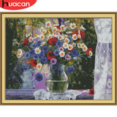 HUACAN ristpistes tikkimisega lill vaasis Puuvillase niidiga maalimine DIY näputöökomplektid 14CT kodukaunistus