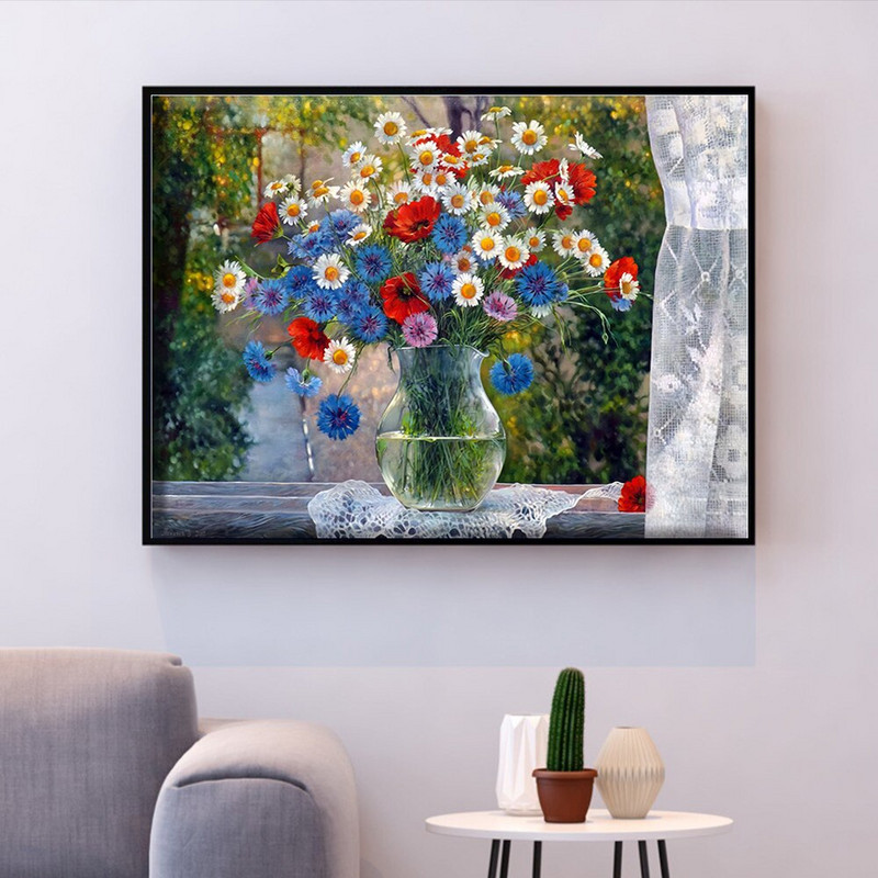 HUACAN ristpistes tikkimisega lill vaasis Puuvillase niidiga maalimine DIY näputöökomplektid 14CT kodukaunistus