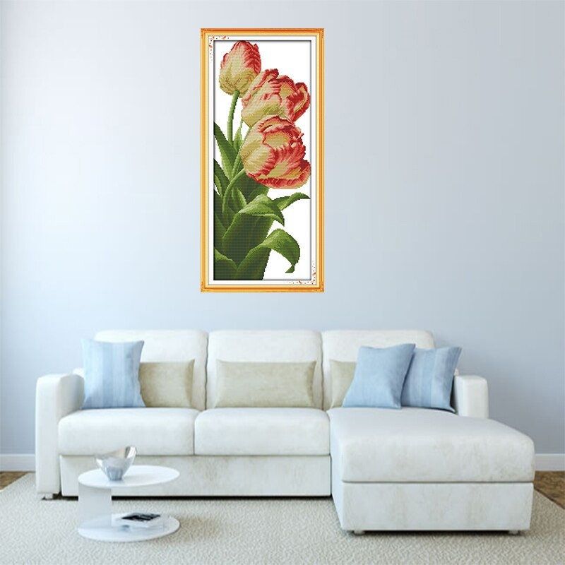 Joy Sunday Tulip Flower Cross Stitch Kit 11CT 14CT Printing Κεντημένο Έπιπλο Τουλίπας Ράψιμο Κέντημα Διακοσμητικό Πίνακας