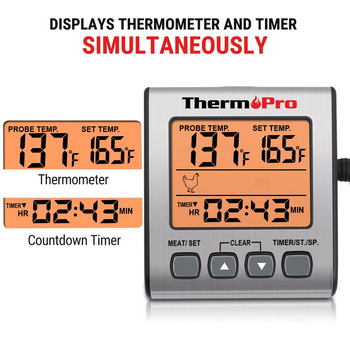 ThermoPro TP16S Θερμόμετρο Κρέατος Ψηφιακό Θερμόμετρο Μαγειρικής Κουζίνας με Χρονόμετρο και Θερμόμετρο BBQ οπίσθιου φωτισμού