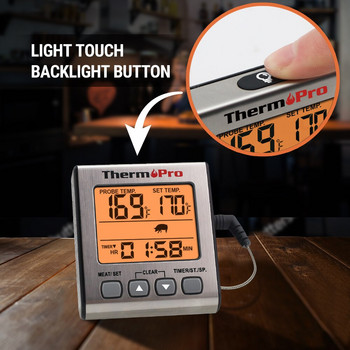 ThermoPro TP16S Θερμόμετρο Κρέατος Ψηφιακό Θερμόμετρο Μαγειρικής Κουζίνας με Χρονόμετρο και Θερμόμετρο BBQ οπίσθιου φωτισμού