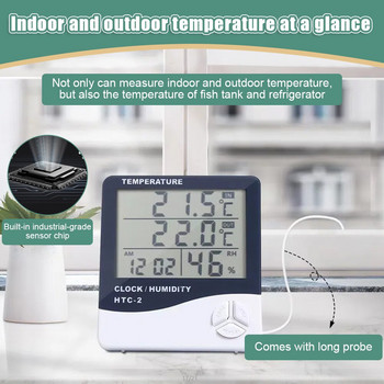 LCD Ηλεκτρονικός ψηφιακός μετρητής υγρασίας θερμοκρασίας Θερμόμετρο εσωτερικού χώρου εξωτερικού χώρου Υγρόμετρο Ρολόι μετεωρολογικού σταθμού HTC-1 HTC-2