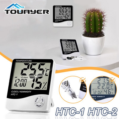 LCD elektronikus digitális hőmérséklet páratartalom mérő beltéri kültéri hőmérő nedvességmérő időjárás állomás óra HTC-1 HTC-2