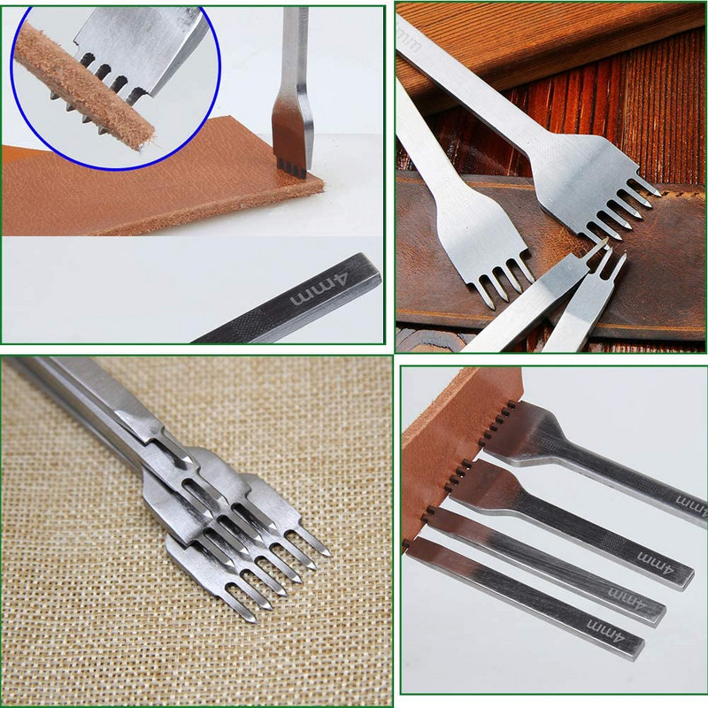 Kožni bušitelji rupa 1+2+4+6 zupci DIY dijamantno uvezivanje šivanje Set dlijeta U/V oblika Žlijeb Alat za skošenje kožnih rubova