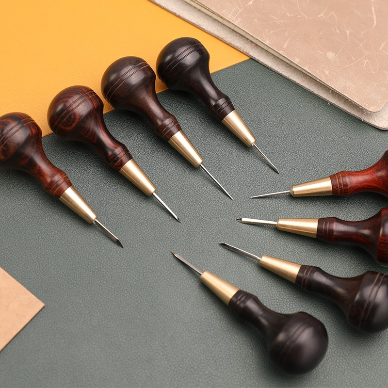 LMDZ Ξύλινη λαβή Awl DIY Δερμάτινο Εργαλείο διάτρησης Διαμαντένιο Σχήμα Ραφής Σουβίλι Δερμάτινο χειροτεχνία Ραπτικό Σουβίλι Χειροποίητα Εργαλεία Ραπτικής