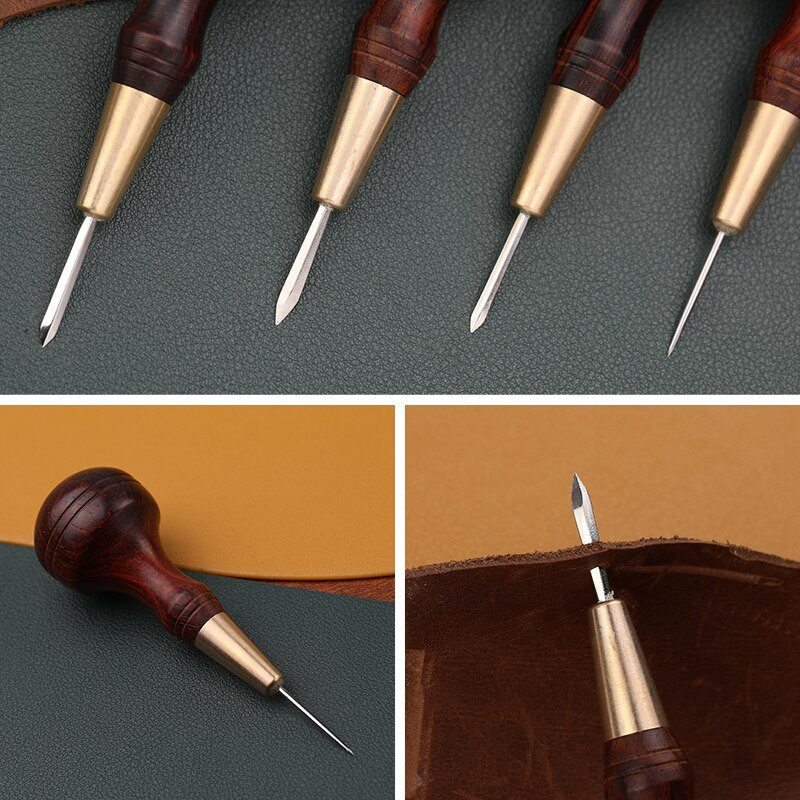 LMDZ Ξύλινη λαβή Awl DIY Δερμάτινο Εργαλείο διάτρησης Διαμαντένιο Σχήμα Ραφής Σουβίλι Δερμάτινο χειροτεχνία Ραπτικό Σουβίλι Χειροποίητα Εργαλεία Ραπτικής