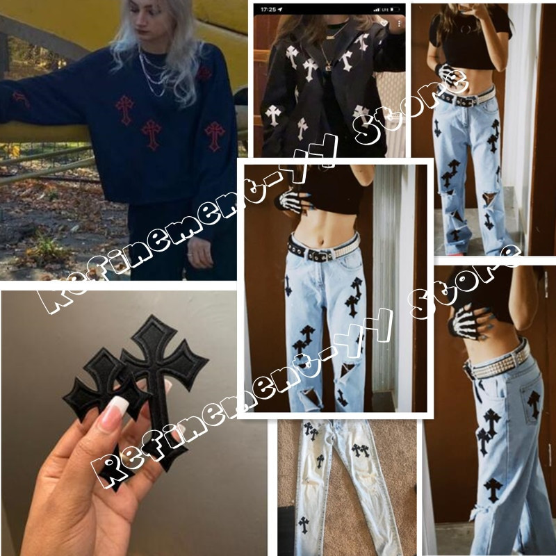 10 ΤΕΜ ΠΑΡΤΙΔΑ Κεντημένα μπαλώματα Σταυρού για Ρούχα Είδη Ραπτικής Διακοσμητικά Σήματα Απλικέ Σιδερώματος Ρούχα Τζιν Μαύρος Σταυρός