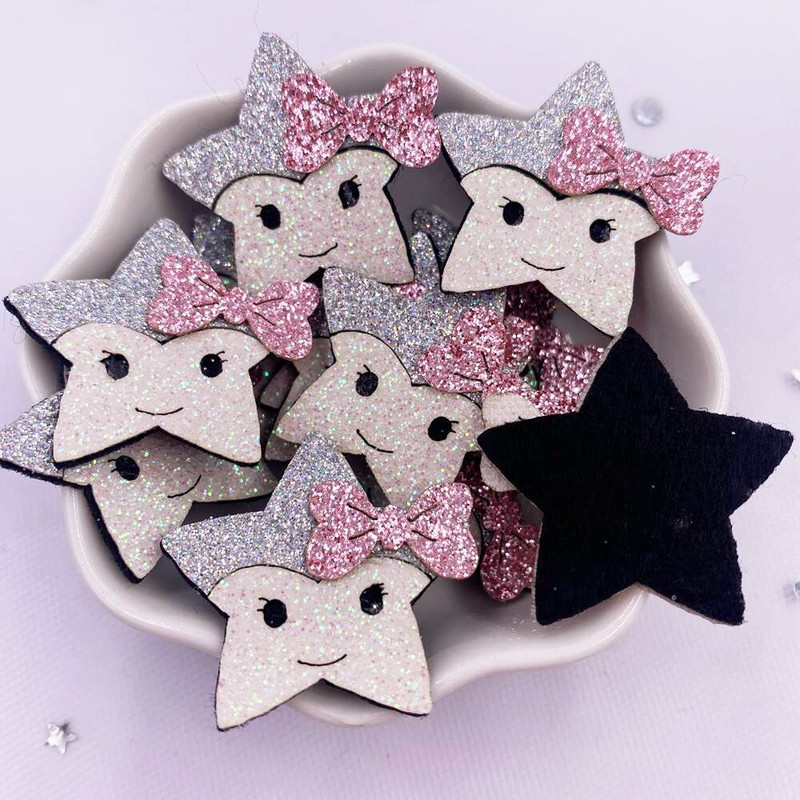 10 buc țesătură din pâslă, pudră de sclipici colorată, Kawaii, desene animate, patch cu stea, cusut, bricolaj, cu arc de păr Artizanat XE810