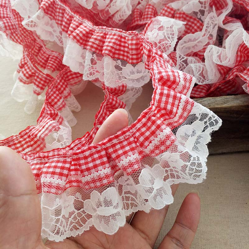 5 CM široka nova crveno bijela karirana plisirana čipka 3d cvijeće izvezena vrpca s volanima DIY odjeća dodaci za kosu kućno šivanje