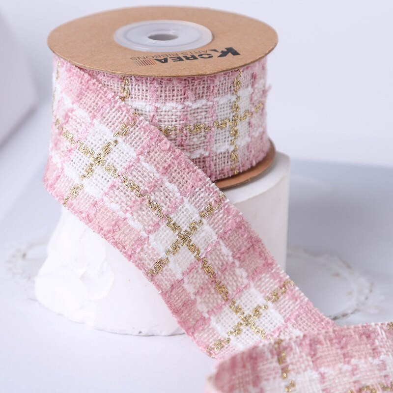 Κορέας χρυσό Tweed Check Κορδέλα Χειροποίητα Μαλλιά Φιόγκοι Αξεσουάρ Κορσάζ Πανί γιακά Κέντημα Υλικό Διακοσμητικό 25mm 38mm 50Yards