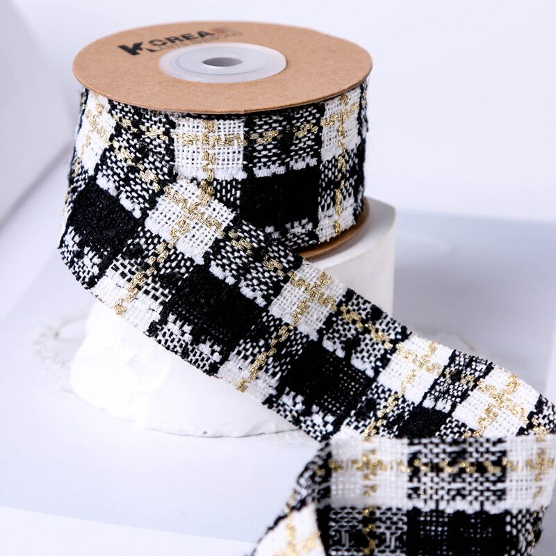 Κορέας χρυσό Tweed Check Κορδέλα Χειροποίητα Μαλλιά Φιόγκοι Αξεσουάρ Κορσάζ Πανί γιακά Κέντημα Υλικό Διακοσμητικό 25mm 38mm 50Yards
