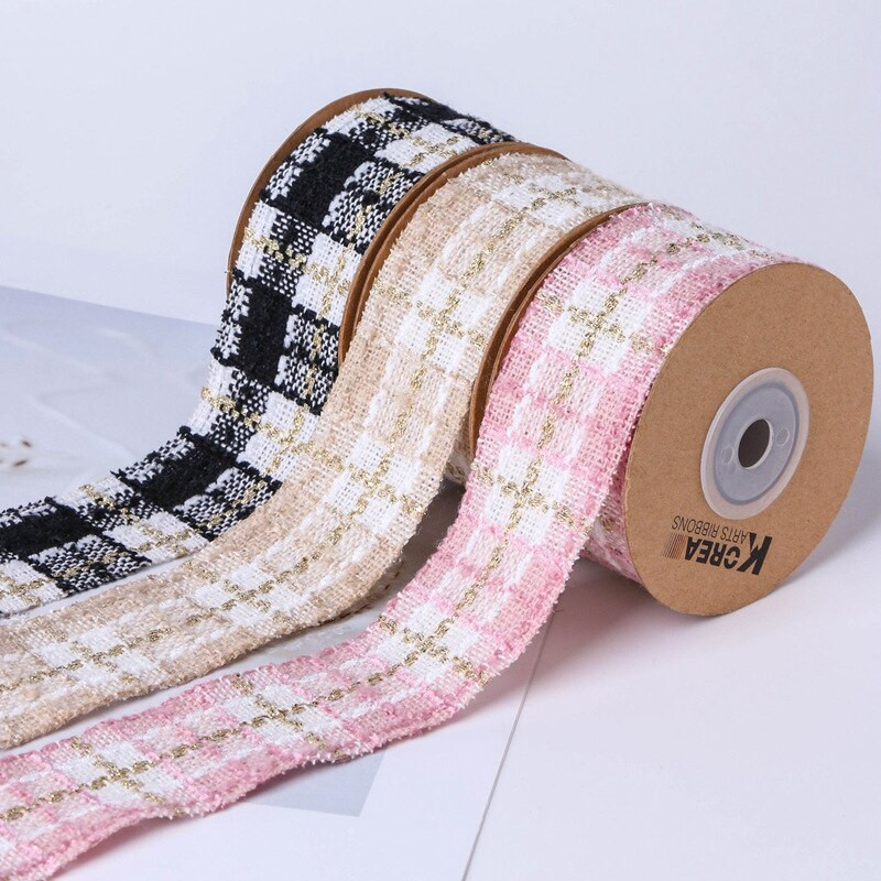 Κορέας χρυσό Tweed Check Κορδέλα Χειροποίητα Μαλλιά Φιόγκοι Αξεσουάρ Κορσάζ Πανί γιακά Κέντημα Υλικό Διακοσμητικό 25mm 38mm 50Yards
