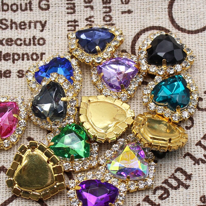 10 τεμάχια/Παρτίδα Χρυσά κουμπιά με στρας καρδιές ροδάκινου, ακρυλικά διακοσμητικά DIY Πολύχρωμα ραπτικά αξεσουάρ χειροτεχνίας