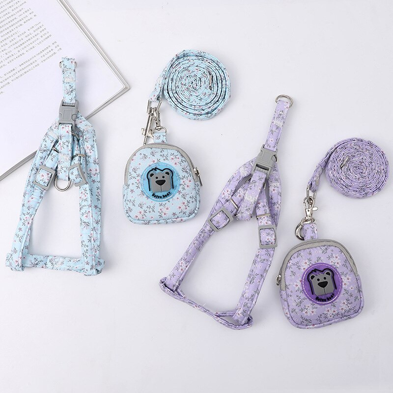 Naminių gyvūnėlių petnešėlių ir pavadėlių rinkinys, Gėlėti šunų kuprinės krūtinės diržai, reguliuojamo dydžio mažiems ir vidutiniams šunims ir katėms, šuniukų priedai