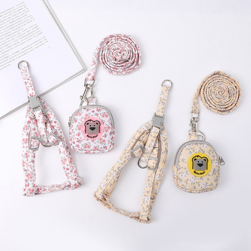 Naminių gyvūnėlių petnešėlių ir pavadėlių rinkinys, Gėlėti šunų kuprinės krūtinės diržai, reguliuojamo dydžio mažiems ir vidutiniams šunims ir katėms, šuniukų priedai