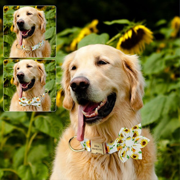 Персонализирани нашийници за кучета, отпечатани нашийници за кучета с цветя, безплатна папионка, колие с табелка с име на куче за малки и средни кучета