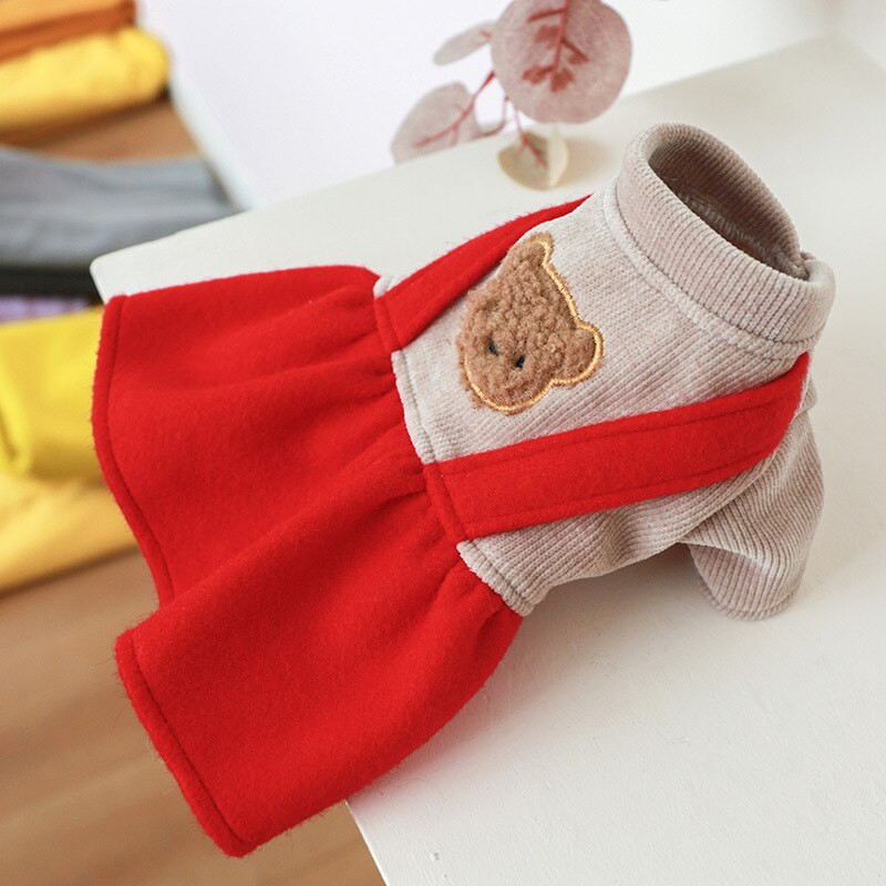 Φθινοπωρινό χειμωνιάτικο φόρεμα Χαριτωμένο μοτίβο αρκούδας Χριστουγεννιάτικο κουτάβι κόκκινη φούστα Μικρό σκυλί Keep ζεστό παλτό Ρούχα διακοπών Chihuahua Yorkshire