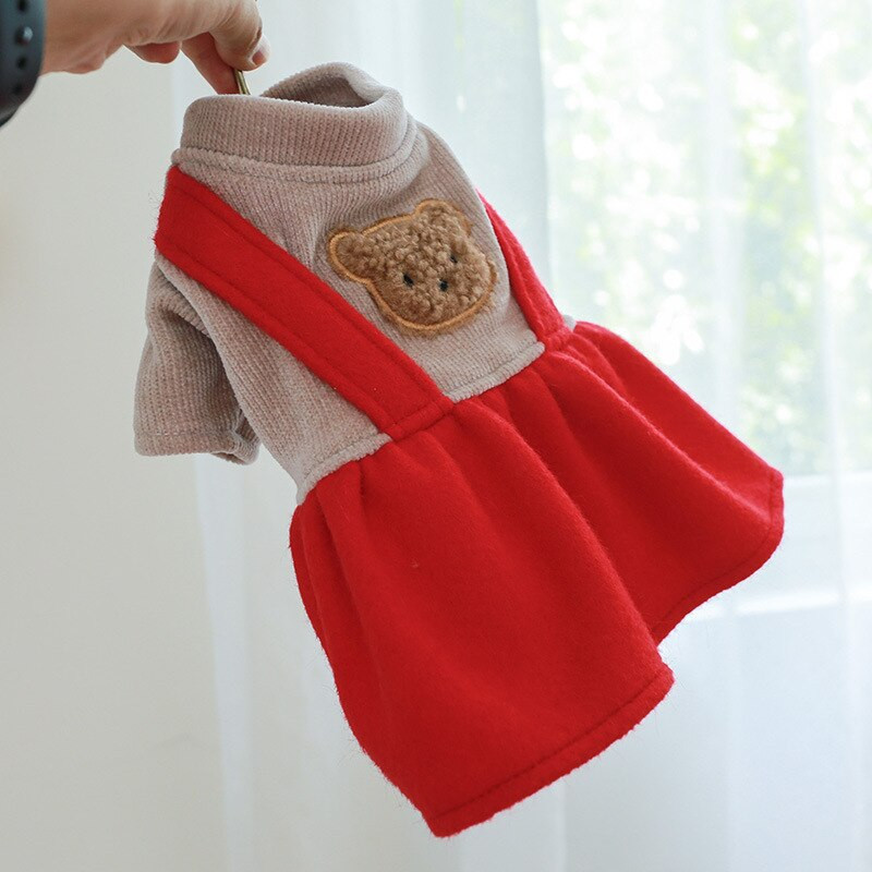 Φθινοπωρινό χειμωνιάτικο φόρεμα Χαριτωμένο μοτίβο αρκούδας Χριστουγεννιάτικο κουτάβι κόκκινη φούστα Μικρό σκυλί Keep ζεστό παλτό Ρούχα διακοπών Chihuahua Yorkshire