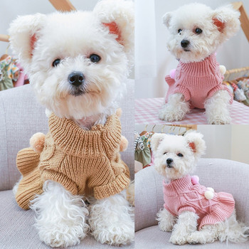 Зимна пуловерна рокля за кучета с папийонка Карирани пуловери за кучета за малки кучета Топли пуловери с топка Пола Дакел Чихуахуа Корги