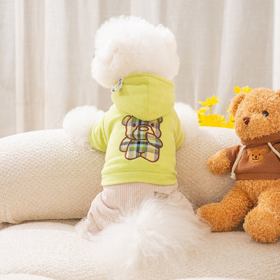 Дрехи за домашни любимци Зима Есен Топъл гащеризон Малко куче Моден кариран колан Котешка качулка Кученце Сладко палто Пижама Чихуахуа Йоркшир