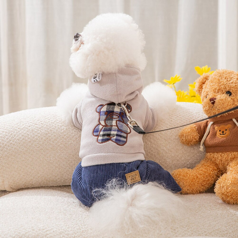 Дрехи за домашни любимци Зима Есен Топъл гащеризон Малко куче Моден кариран колан Котешка качулка Кученце Сладко палто Пижама Чихуахуа Йоркшир