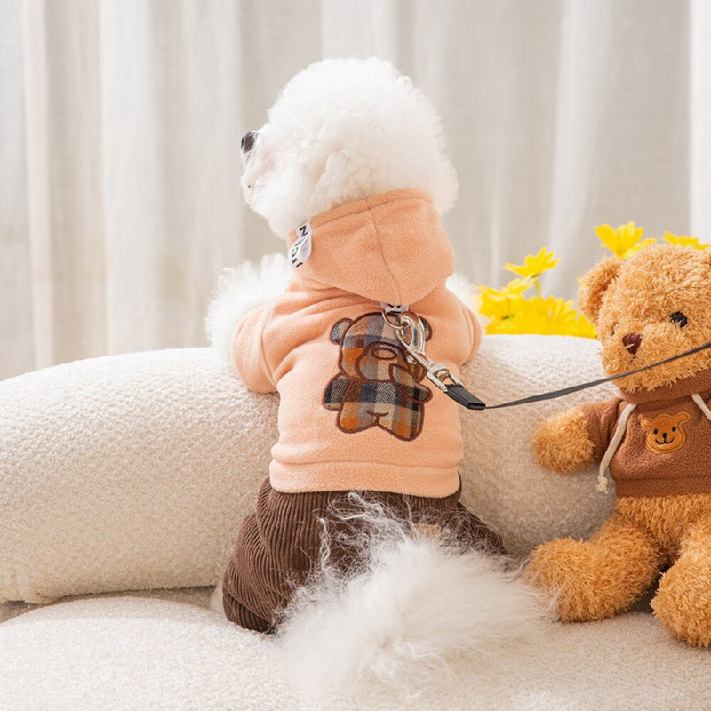 Дрехи за домашни любимци Зима Есен Топъл гащеризон Малко куче Моден кариран колан Котешка качулка Кученце Сладко палто Пижама Чихуахуа Йоркшир
